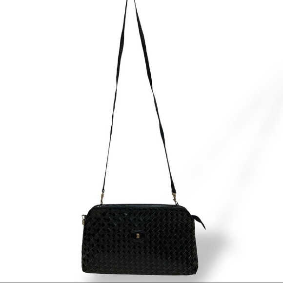 Bally Black Woven Leather Crossbody Shoulder Bag Gold Logo Italy STRONG BUY - Picture 2 of 7